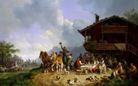 Bavarian Peasants Outside a Tavern Fine Art Print by Heinrich Burkel
