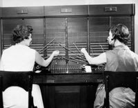 Rear View of Female Telephone Operators Fine Art Print