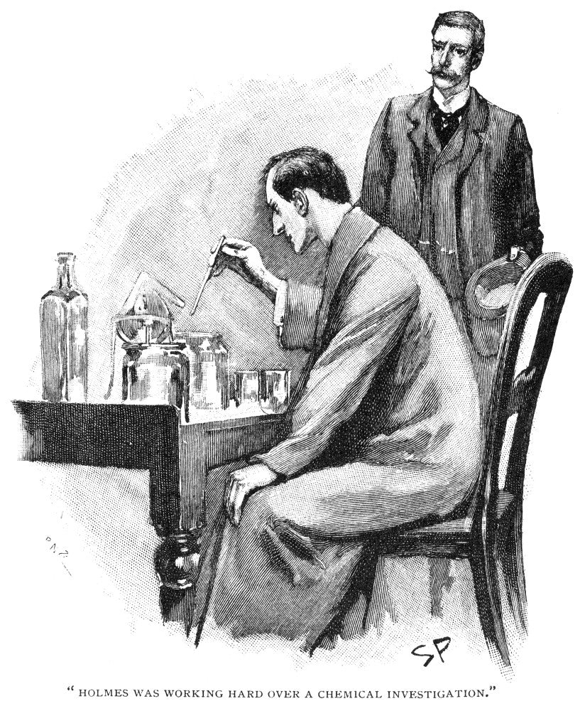 Sherlock Holmes Fine Art Print - Holmes Over Chemical Investigation by Sidney Paget