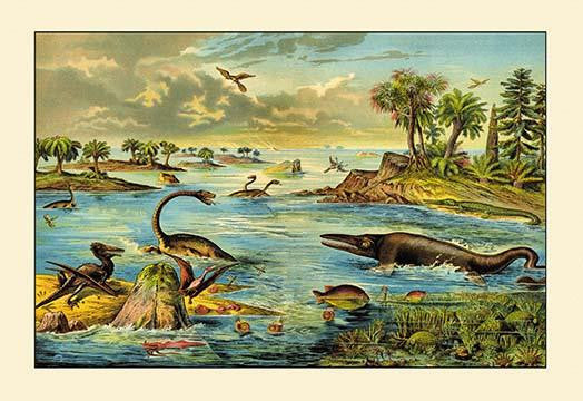Prehistoric Coastal Scene Fine Art Print featuring Early Crocodiles and Archaeopteryx
