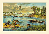 Prehistoric Coastal Scene Fine Art Print featuring Early Crocodiles and Archaeopteryx