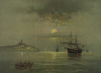 Marine Moonlight Scene Fine Art Print with Lighthouse and Sailing Ship
