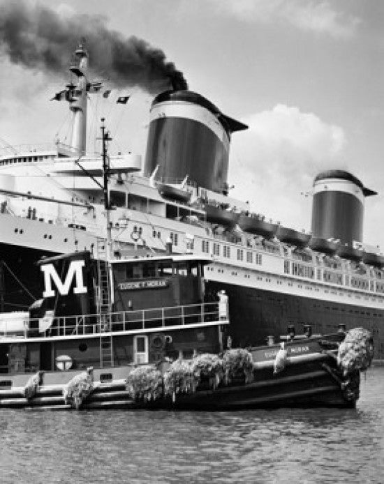 Tugboat in Front of Cruise Ship SS United States Fine Art Print