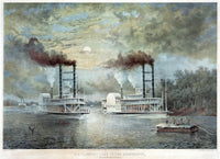 Mississippi River Race Fine Art Print - Steamboat Race Lithograph