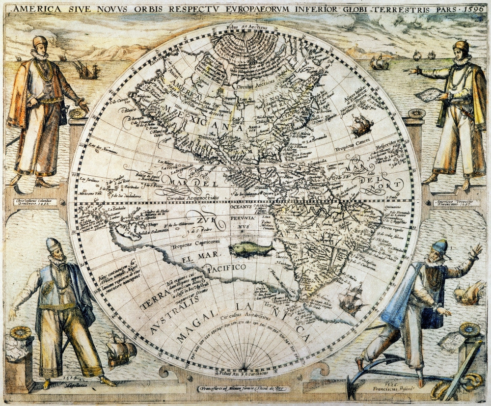 Theodore De Bry's 1596 Map of the Western Hemisphere Poster Print