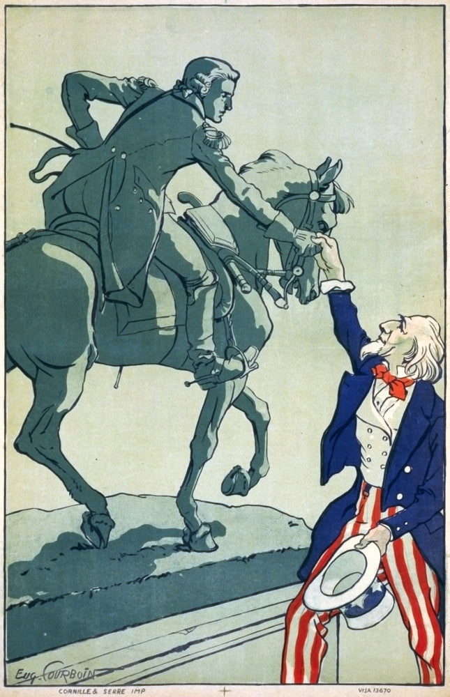 WWI Poster Print: Uncle Sam and Marquis de Lafayette by Eugene Courboin