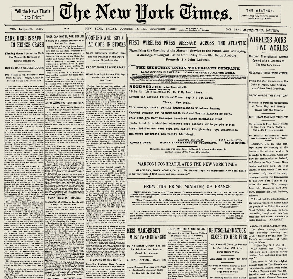 Guglielmo Marconi New York Times Front Page Print (1907)