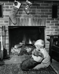 Charming Boy by the Fireplace with Dog - Fine Art Print