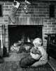 Charming Boy by the Fireplace with Dog - Fine Art Print