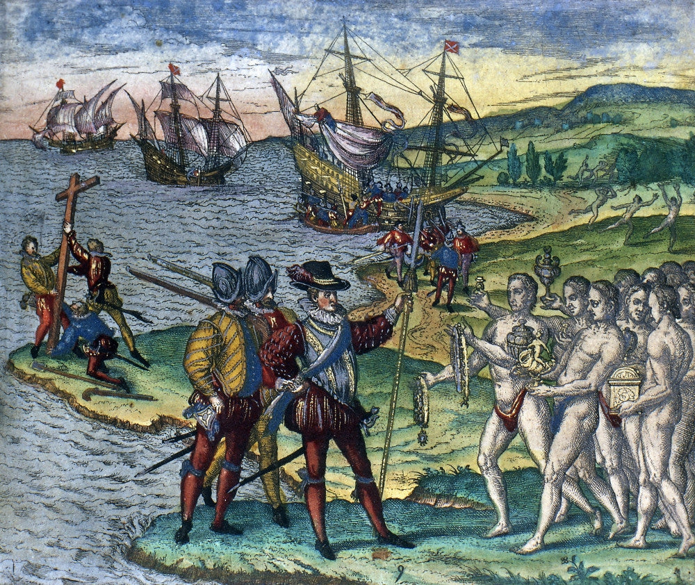 The Landing of Columbus on Hispaniola by Theodor De Bry - Line Engraving Print