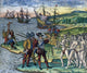The Landing of Columbus on Hispaniola by Theodor De Bry - Line Engraving Print