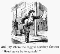 American Newsboy Wood Engraving Print - Great News by Telegraph
