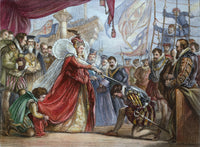Queen Elizabeth I Knighting Francis Drake on the Golden Hind - 19th Century Engraving