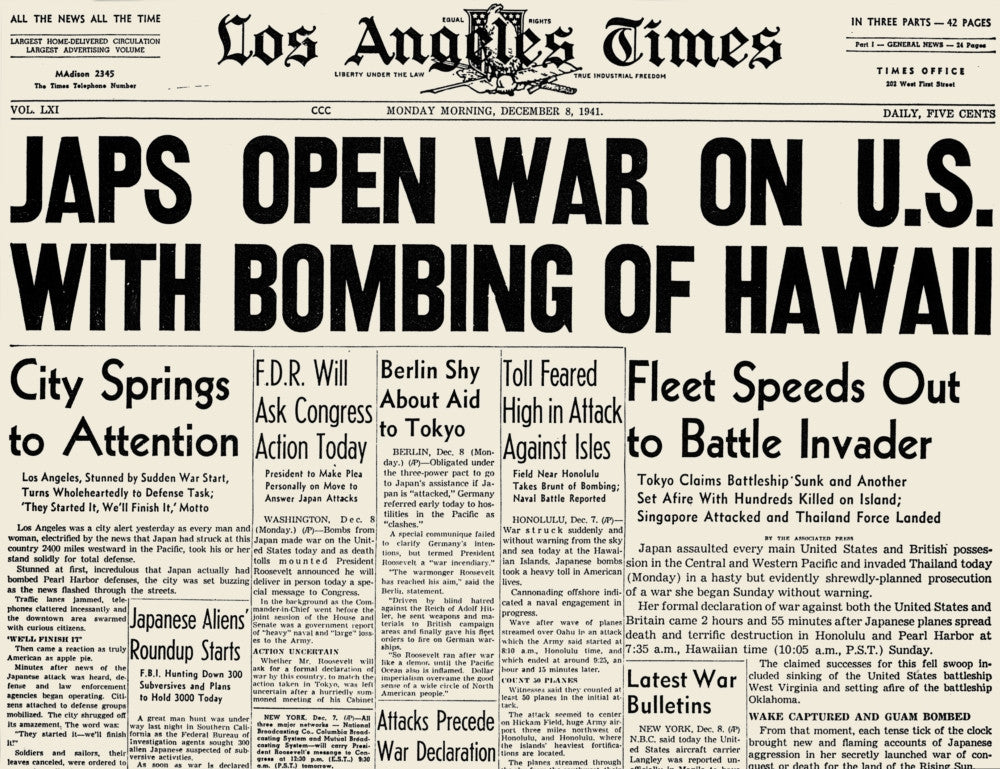 Pearl Harbor Headline 1941 Los Angeles Times Front Page Print