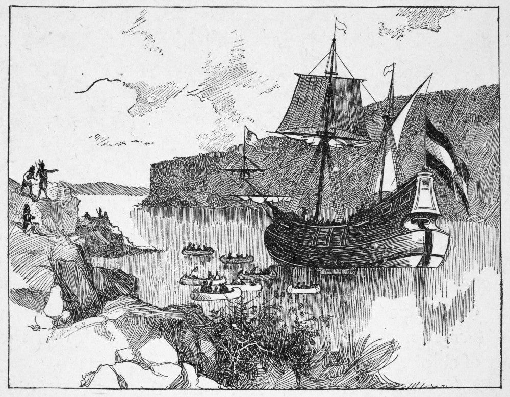Henry Hudson's Half Moon on the Hudson River - 19th Century Engraving Print
