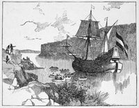 Henry Hudson's Half Moon on the Hudson River - 19th Century Engraving Print