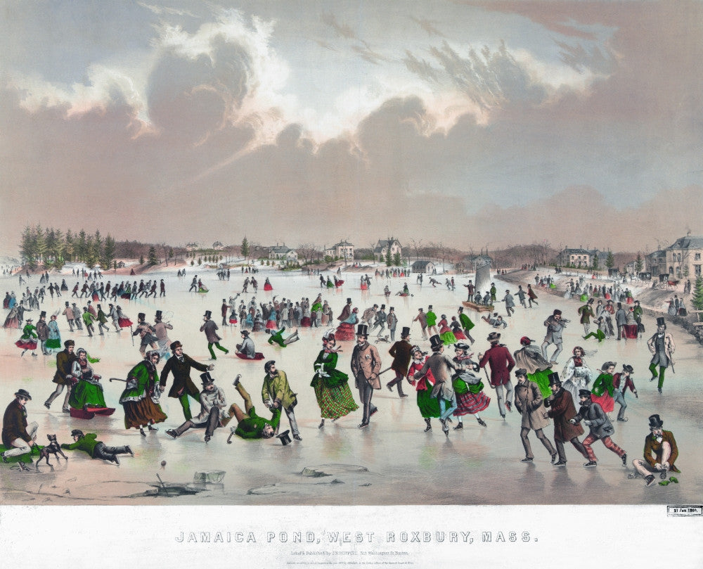 Ice Skating on Jamaica Pond Fine Art Print - C1859 Lithograph