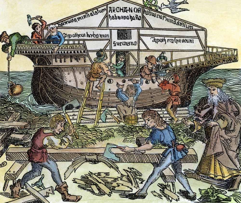 Building of Noah's Ark Woodcut Print from Nuremberg Chronicle, 1493