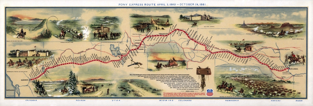 Map of Pony Express Route (1860-1861) Fine Art Print by Science Source