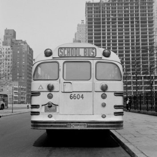 School Bus Parked on City Street Fine Art Print