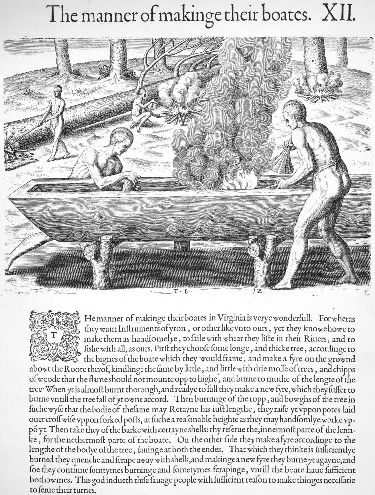 De Bry: Canoe Making Fine Art Print - Powhatan Native Americans