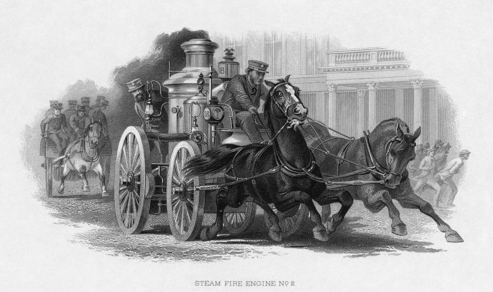 19th Century American Horse-Drawn Steam Powered Fire Engine Print by Granger Collection