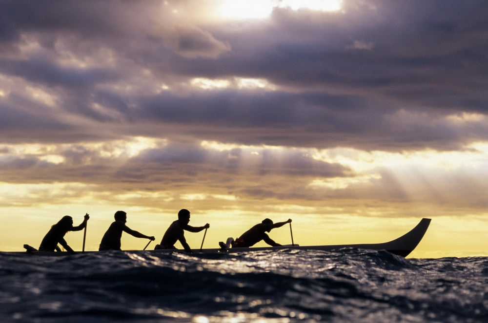 Outrigger Canoe and Paddlers at Sunset Fine Art Print by Vince Cavataio