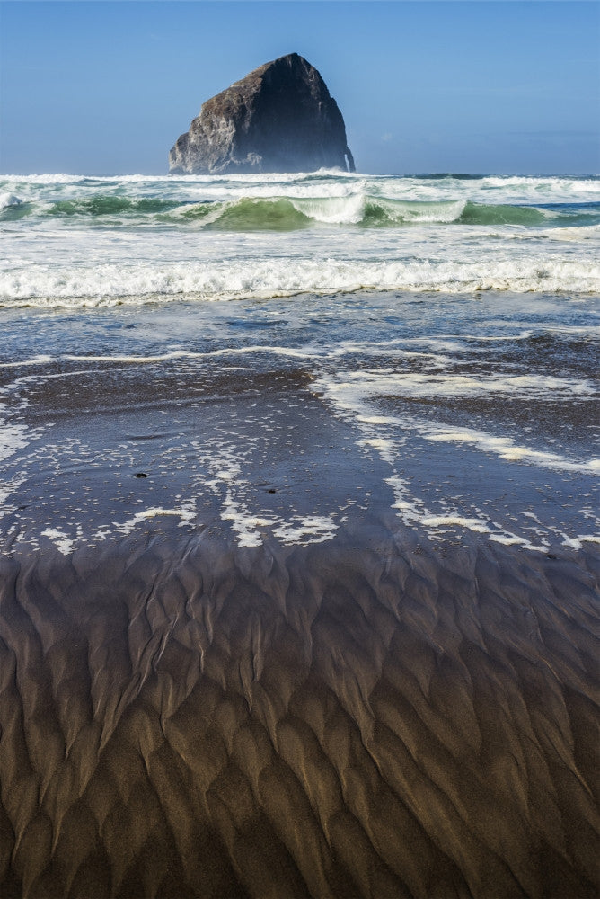 Patterns on the Beach with Rock Formation - Cape Kiwanda Print by Robert L. Potts