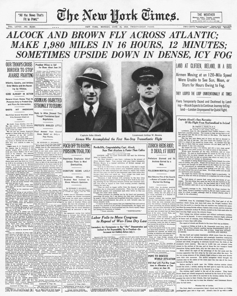 Alcock and Brown 1919: Historic Flight Front Page Poster Print