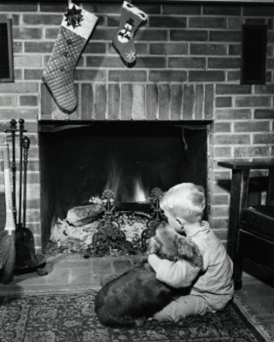 Charming Boy by the Fireplace with Dog - Fine Art Print