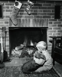Charming Boy by the Fireplace with Dog - Fine Art Print