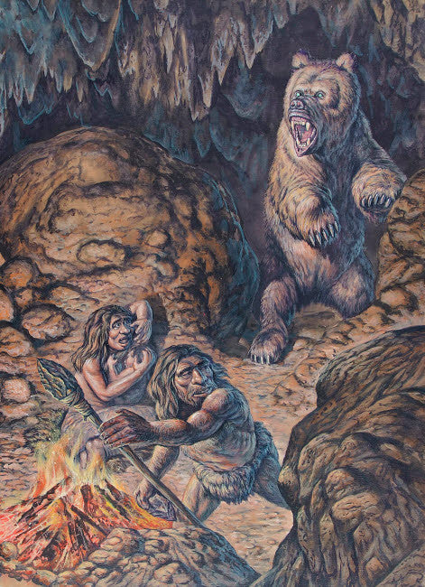 Neanderthal Humans vs. Cave Bear Fine Art Print by Mark Hallett