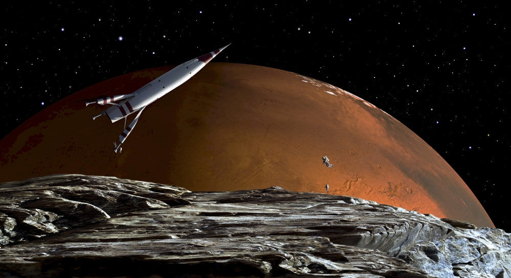 Spaceship Orbiting Phobos with Mars Background Fine Art Print