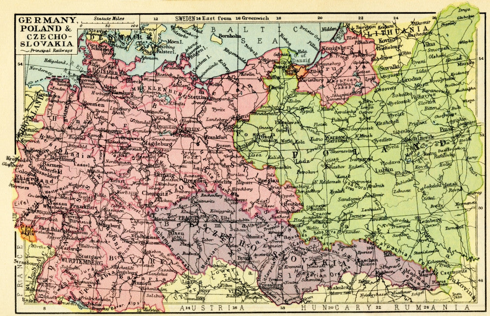 A 1930's Map of Germany, Poland, and Czechoslovakia Fine Art Print by Hilary Jane Morgan