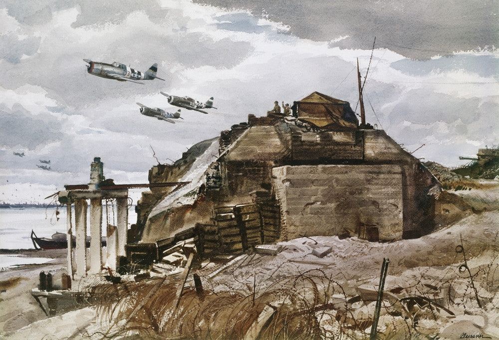 World War II: Normandy - P-47 Thunderbolts Flying Over Omaha Beach Watercolor by Ogden Pleissner