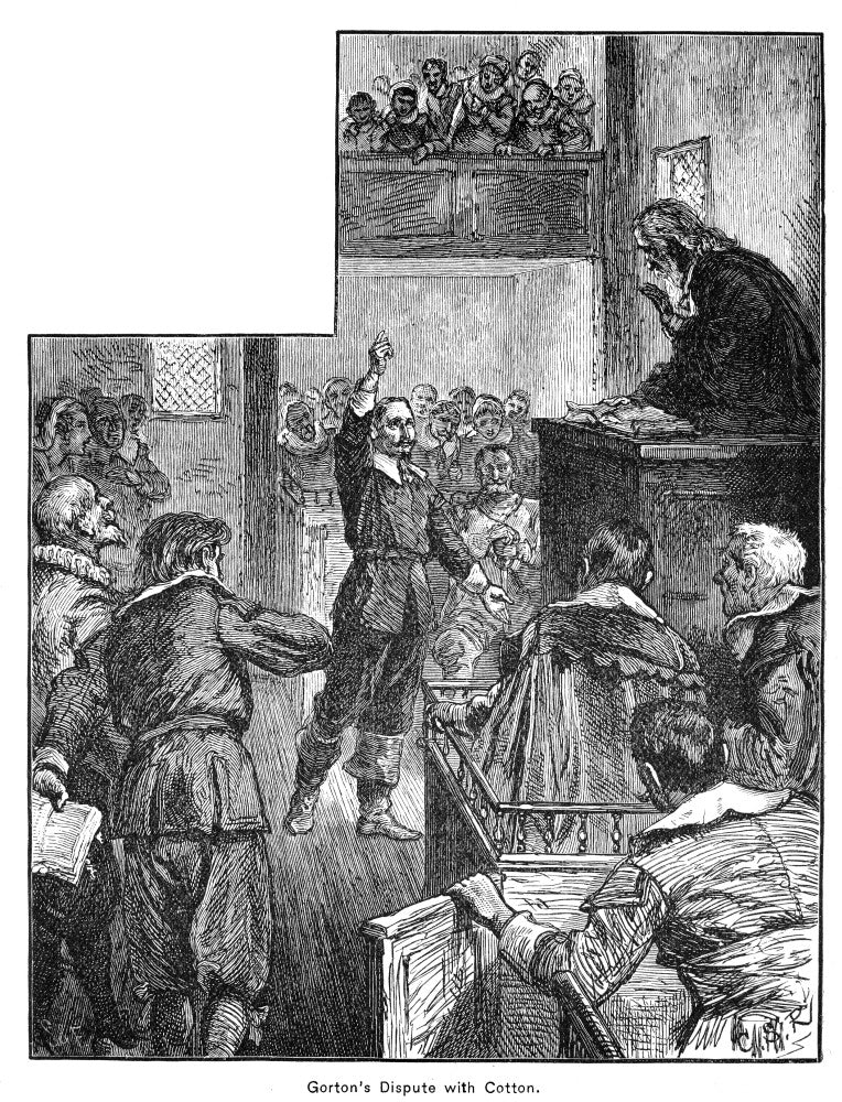 Samuel Gorton Disputing with John Cotton - 19th Century Wood Engraving Print by Granger Collection