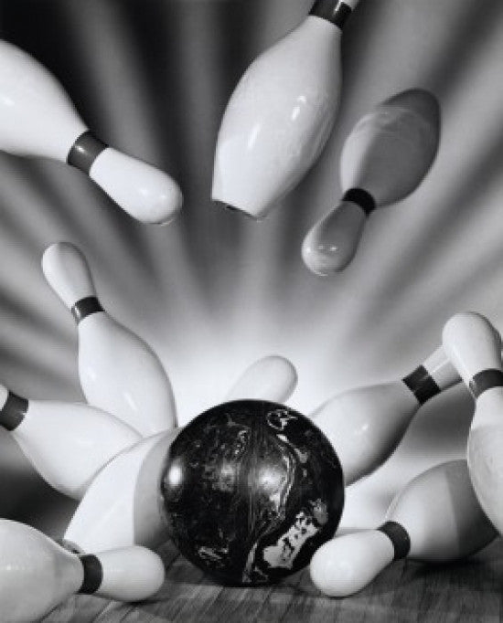 Close-Up Bowling Ball Striking Pins Fine Art Print