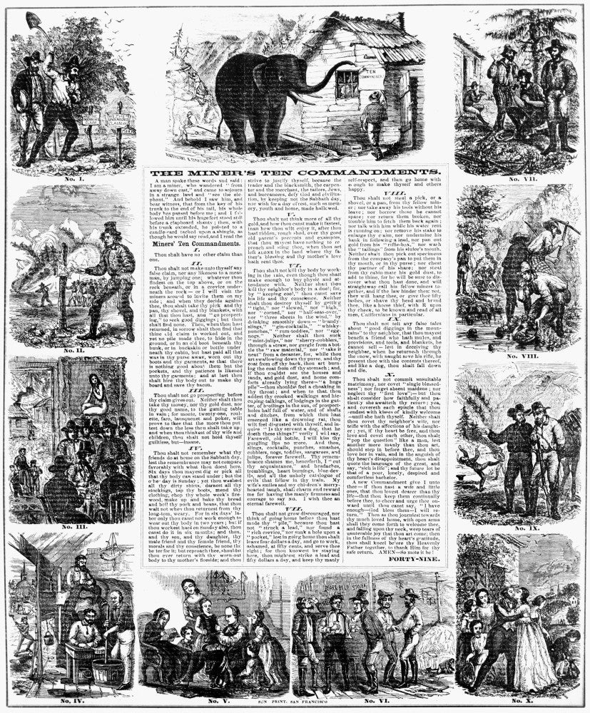 Miner's Ten Commandments Broadside Print by James M. Hutchings (1853)