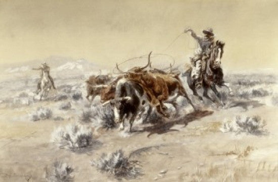 Roping The Longhorns Fine Art Print by Charles Marion Russell