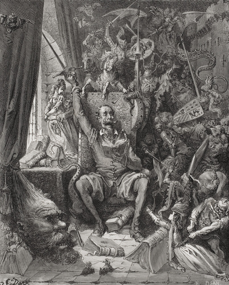 Engraving by Gustave Dore - Don Quixote in His Library Fine Art Print