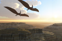 Two Pterodactyl Dinosaurs Flying Over a Stunning Canyon Poster Print