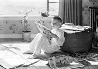 Boy Reading Newspaper Fine Art Print - Hassock Scene
