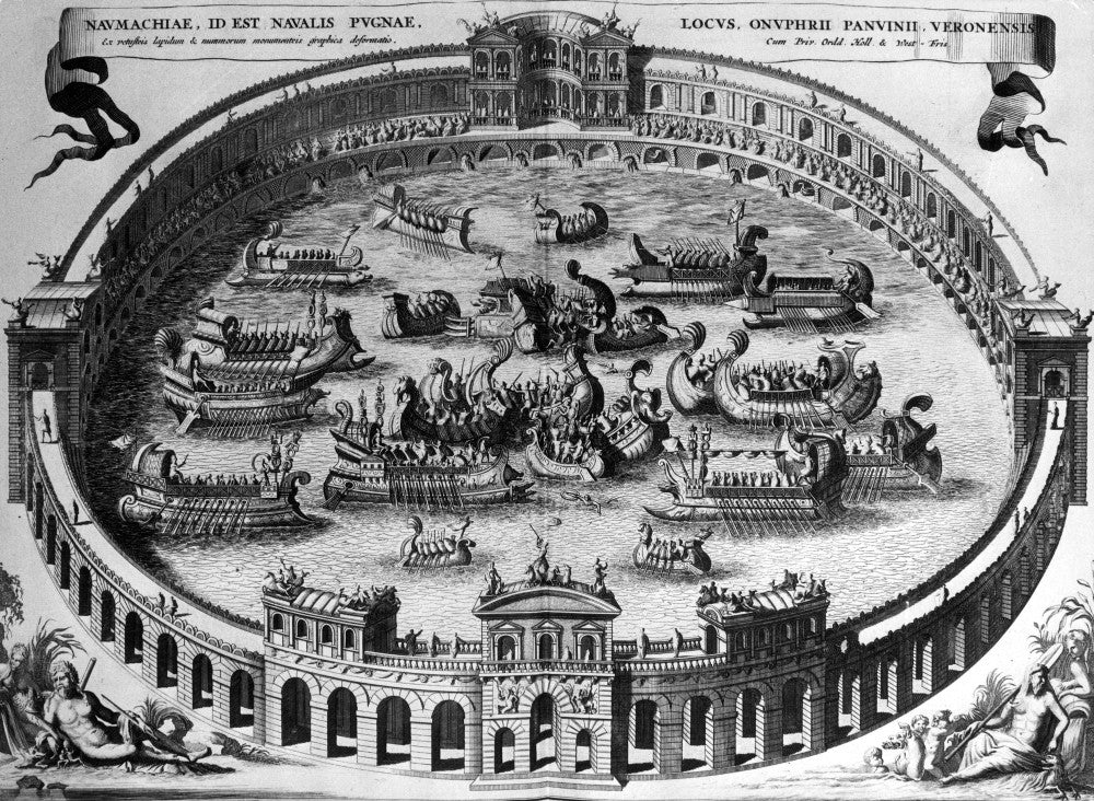 Rome: Naumachia - 16th Century Staged Naval Battle Engraving Print