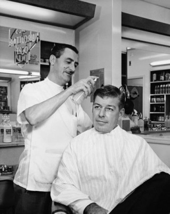 Barber Spraying Hair of a Mid Adult Man in Salon Fine Art Print