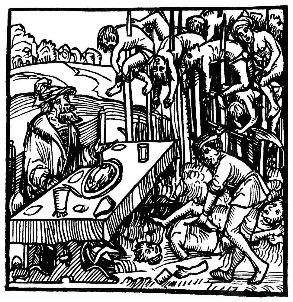 Vlad III the Impaler Dining Among Impaled Bodies - Woodcut Print