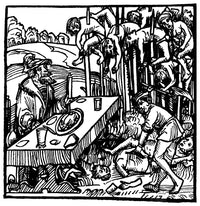 Vlad III the Impaler Dining Among Impaled Bodies - Woodcut Print