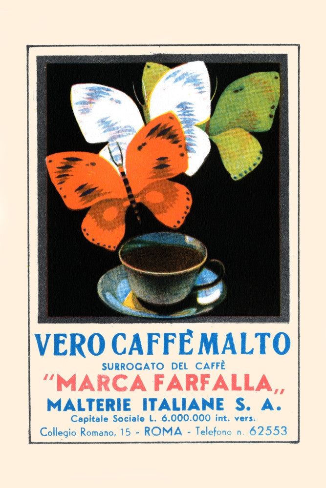Vero Caffe Malto Advertising Postcard Art Print with Butterflies