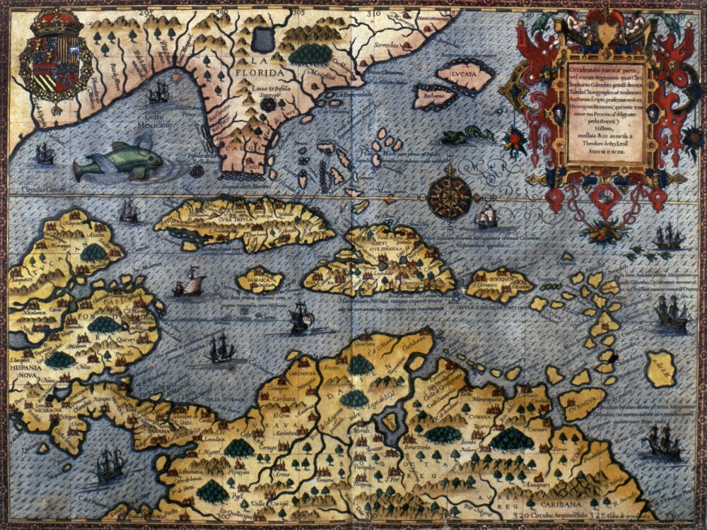 Caribbean Map Fine Art Print - Color Copper Engraving by Theodore De Bry (1591)
