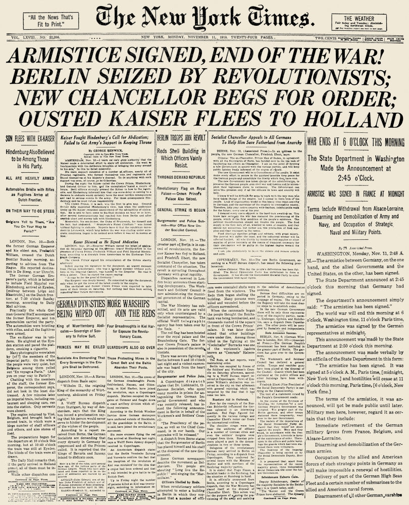 World War I Armistice Front Page Fine Art Print by Granger Collection