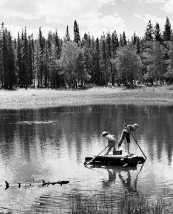 Two Children Rowing a Wooden Raft Fine Art Print